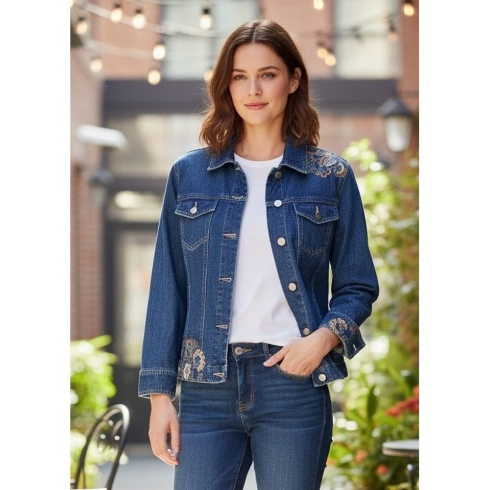 Blassport Jean Jacket Women's Sz M Floral Embroidered Blue Denim Y2K Boho Street